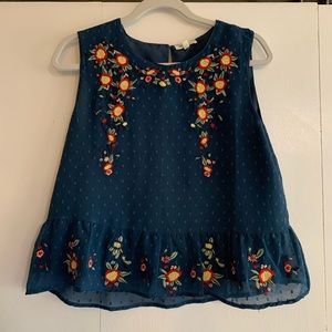 Rebellion Again Blue Floral Embroidery Peplum Top